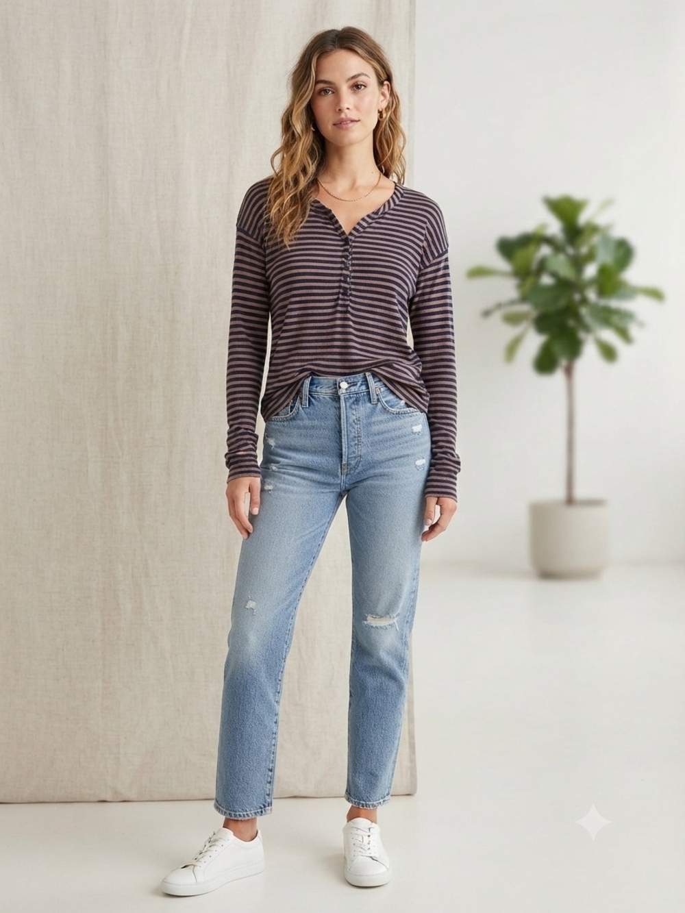 Splendid Charcoal and Black Striped Henley Long Sleeve Top
